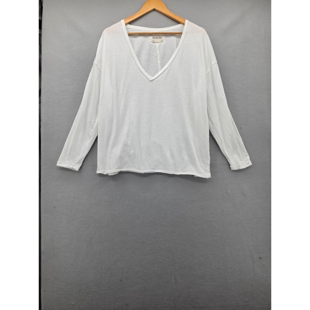 We The Free People White V Neck Long Sleeve Top Small Boho Slub Knit Tee Shirt